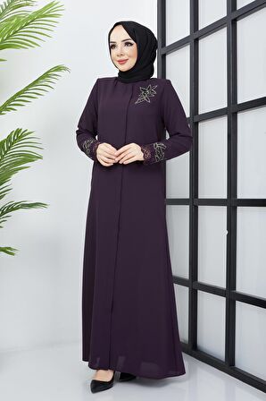 Büyük Beden Dantel Taş İşleme Detaylı Mürdüm Ferace